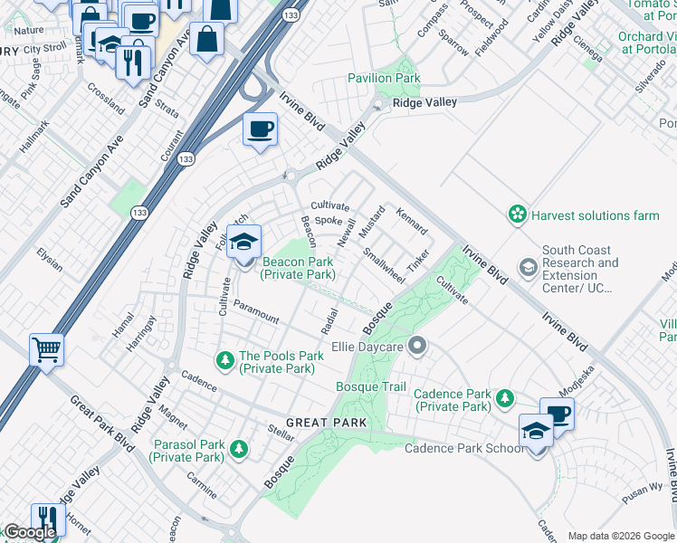 map of restaurants, bars, coffee shops, grocery stores, and more near 239 Radial in Irvine