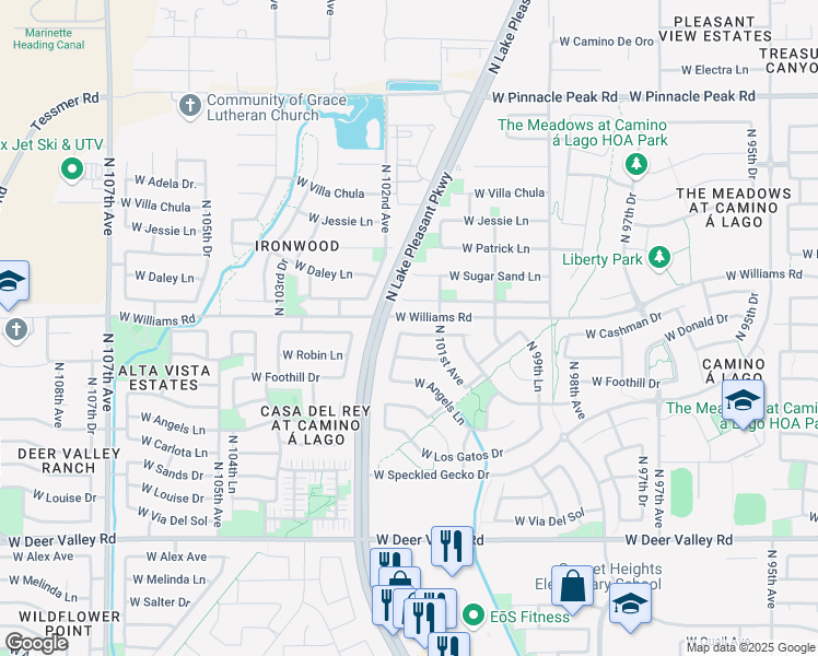 map of restaurants, bars, coffee shops, grocery stores, and more near 10180 West Cashman Drive in Peoria