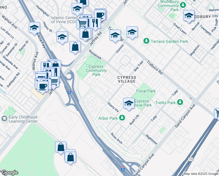 map of restaurants, bars, coffee shops, grocery stores, and more near 100 Contessa in Irvine