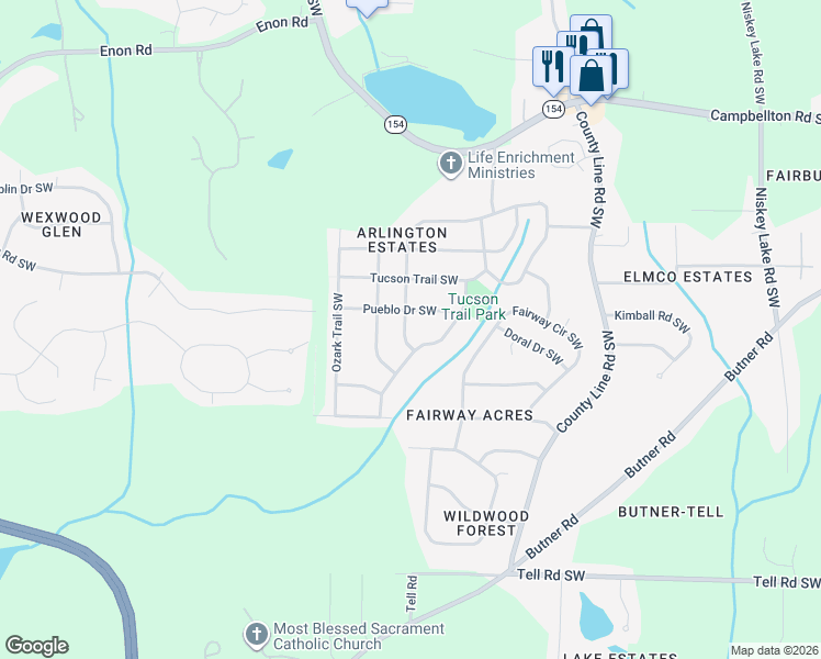 map of restaurants, bars, coffee shops, grocery stores, and more near 4838 Santa Fe Trail Southwest in Atlanta