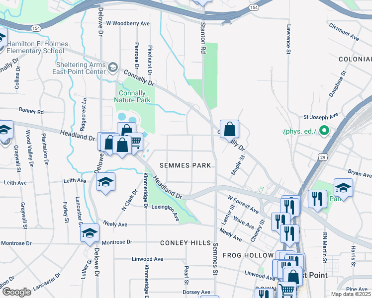 map of restaurants, bars, coffee shops, grocery stores, and more near 1881 Broad Avenue in East Point
