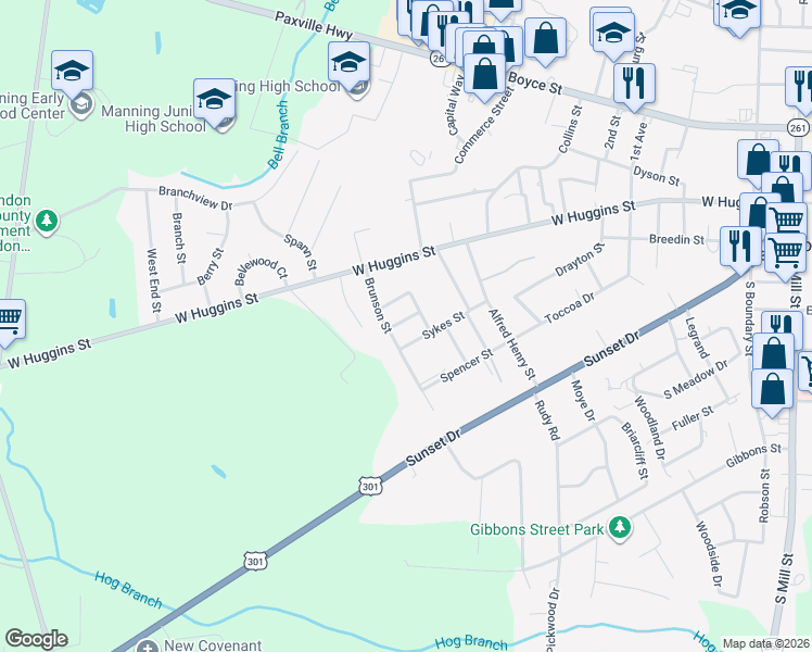 map of restaurants, bars, coffee shops, grocery stores, and more near 606 Dupree Street in Manning