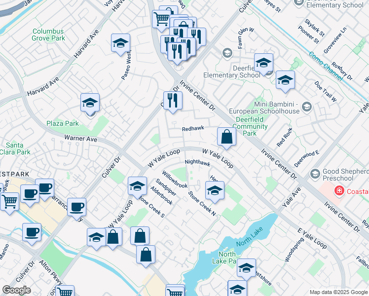 map of restaurants, bars, coffee shops, grocery stores, and more near West Yale Loop & Stone Creek North in Irvine