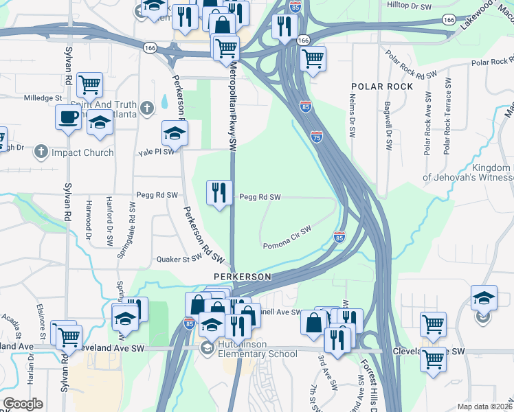 map of restaurants, bars, coffee shops, grocery stores, and more near 550 Pomona Circle Southwest in Atlanta