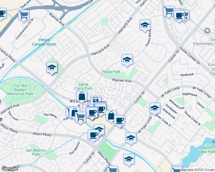 map of restaurants, bars, coffee shops, grocery stores, and more near 18 Santa Monica Aisle in Irvine