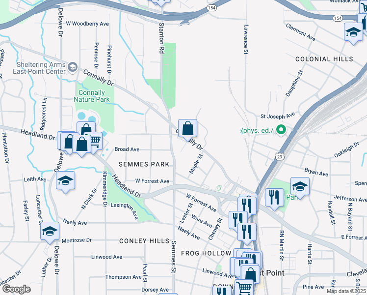 map of restaurants, bars, coffee shops, grocery stores, and more near 2276 Connally Place in East Point