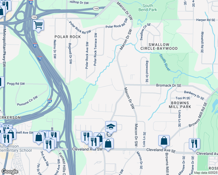 map of restaurants, bars, coffee shops, grocery stores, and more near 126 Meadow Park Lane Southwest in Atlanta