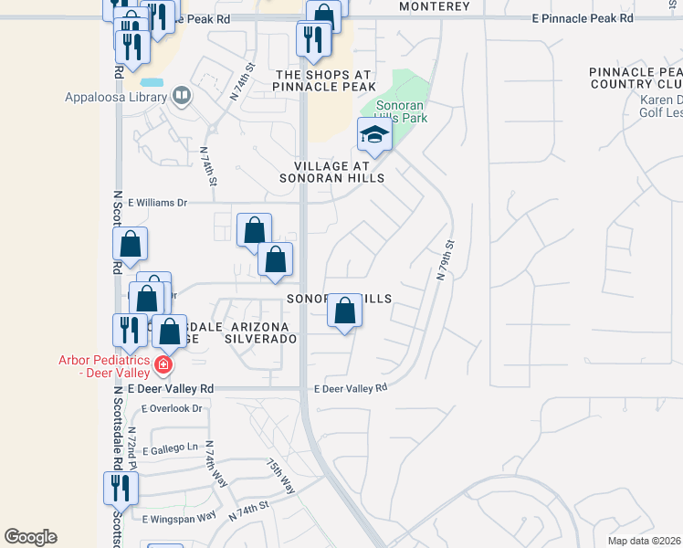 map of restaurants, bars, coffee shops, grocery stores, and more near 7663 East Adobe Drive in Scottsdale