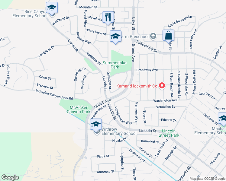 map of restaurants, bars, coffee shops, grocery stores, and more near 29200 Outrigger Street in Lake Elsinore