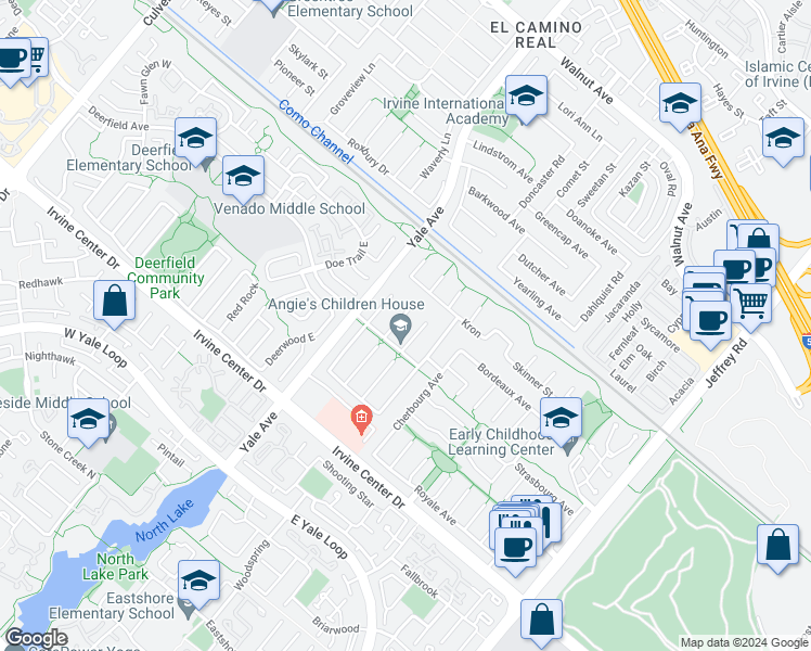 map of restaurants, bars, coffee shops, grocery stores, and more near 15202 Marne Circle in Irvine