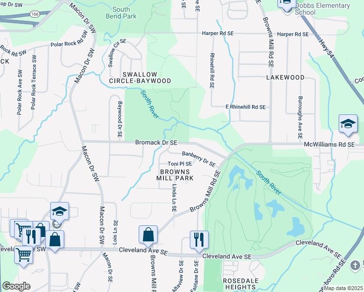 map of restaurants, bars, coffee shops, grocery stores, and more near 245 Bromack Drive Southeast in Atlanta