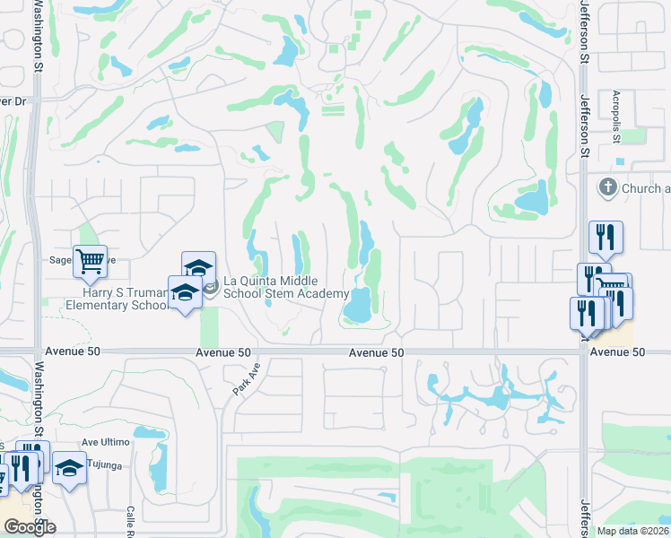 map of restaurants, bars, coffee shops, grocery stores, and more near 49568 Vía Conquistador in La Quinta