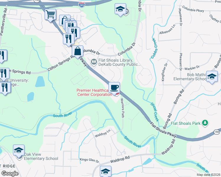 map of restaurants, bars, coffee shops, grocery stores, and more near 4147 Flat Shoals Parkway in Decatur