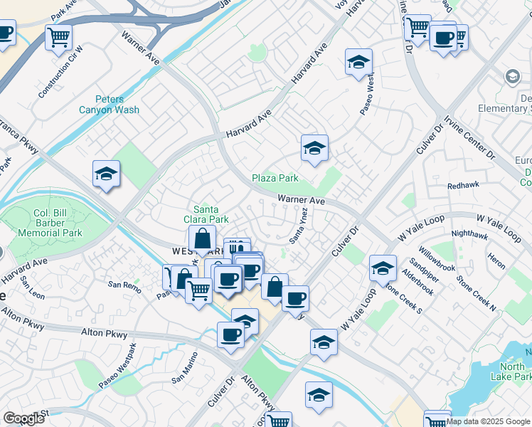 map of restaurants, bars, coffee shops, grocery stores, and more near 18 Santa Monica Aisle in Irvine