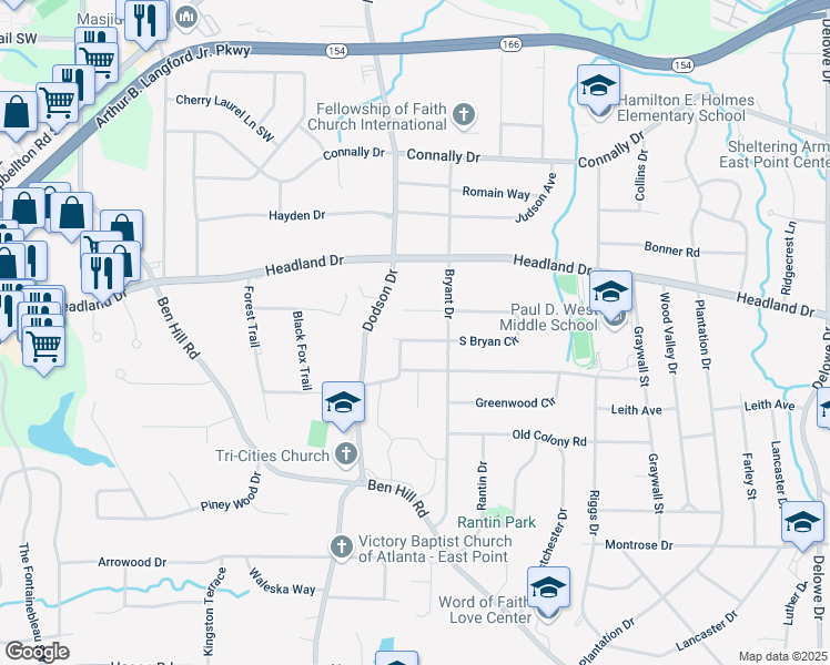 map of restaurants, bars, coffee shops, grocery stores, and more near 2595 Wood Hill Circle in East Point