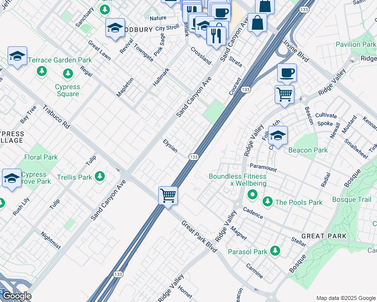 map of restaurants, bars, coffee shops, grocery stores, and more near 100 Blaze in Irvine