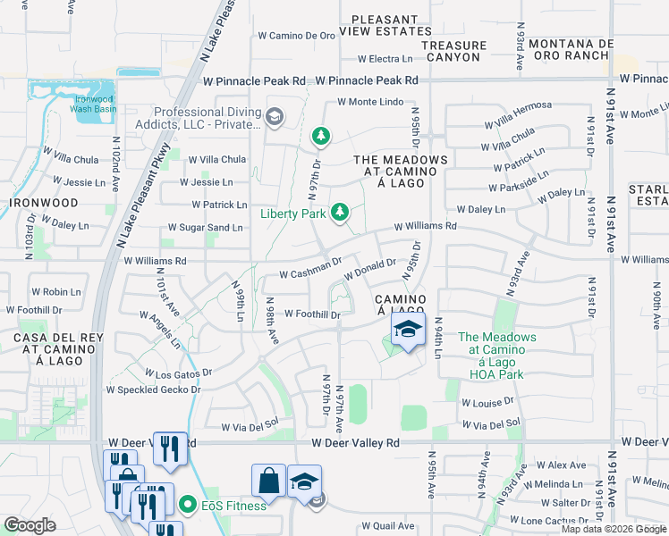 map of restaurants, bars, coffee shops, grocery stores, and more near 9745 West Cashman Drive in Peoria