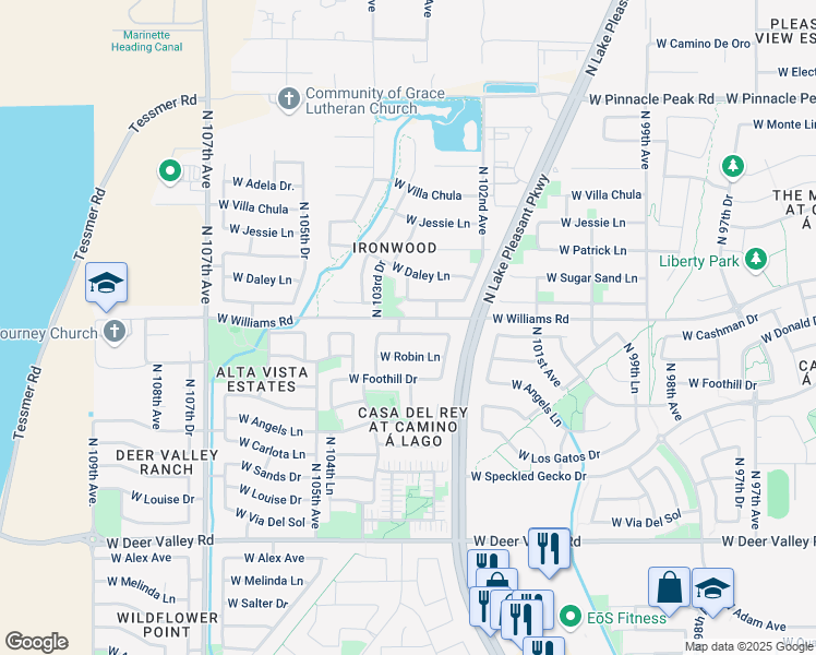 map of restaurants, bars, coffee shops, grocery stores, and more near 10377 West Cashman Drive in Peoria