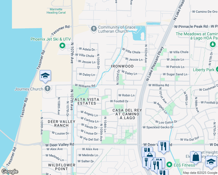 map of restaurants, bars, coffee shops, grocery stores, and more near 10431 West Cashman Drive in Peoria