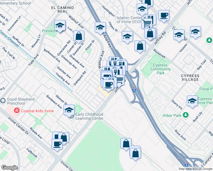 map of restaurants, bars, coffee shops, grocery stores, and more near 14805 Jeffrey Road in Irvine