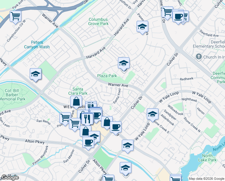 map of restaurants, bars, coffee shops, grocery stores, and more near 16 Santa Cruz Aisle in Irvine