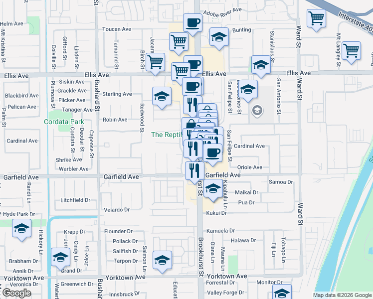 map of restaurants, bars, coffee shops, grocery stores, and more near 18896 Mount Cimarron Street in Fountain Valley