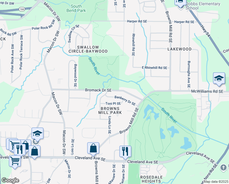 map of restaurants, bars, coffee shops, grocery stores, and more near 245 Bromack Drive Southeast in Atlanta