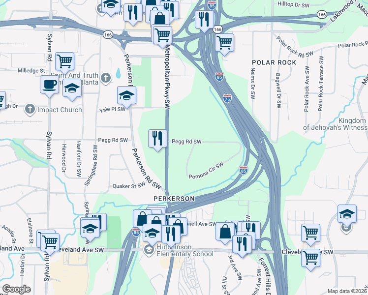 map of restaurants, bars, coffee shops, grocery stores, and more near 550 Pomona Circle Southwest in Atlanta