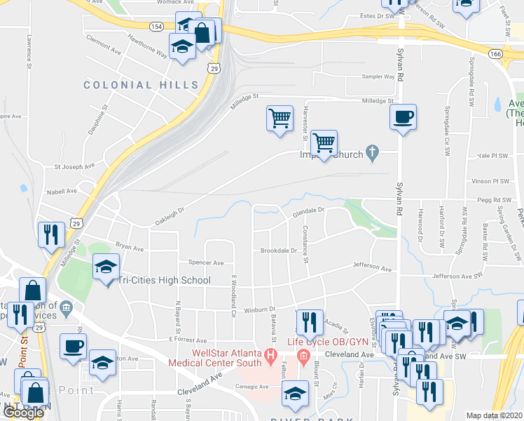 map of restaurants, bars, coffee shops, grocery stores, and more near 2392 Jefferson Terrace in East Point