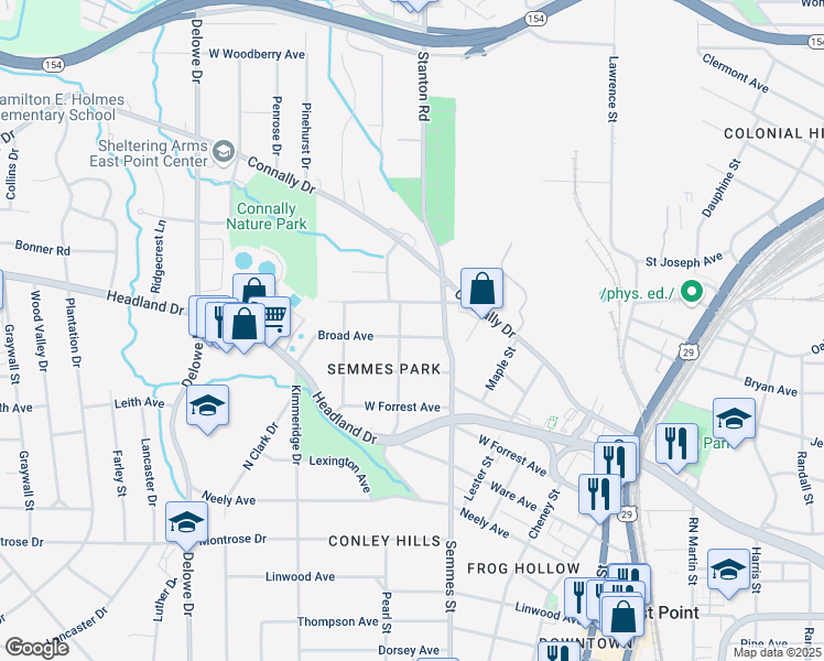 map of restaurants, bars, coffee shops, grocery stores, and more near 1849 Broad Avenue in East Point