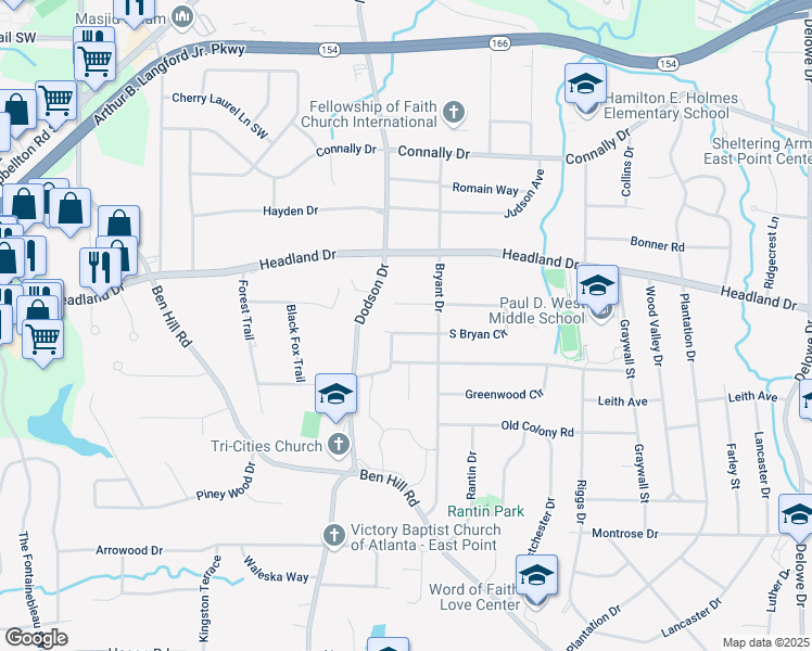 map of restaurants, bars, coffee shops, grocery stores, and more near 2595 Wood Hill Circle in East Point