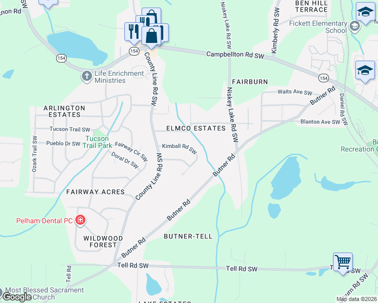 map of restaurants, bars, coffee shops, grocery stores, and more near 4352 Kimball Road Southwest in Atlanta