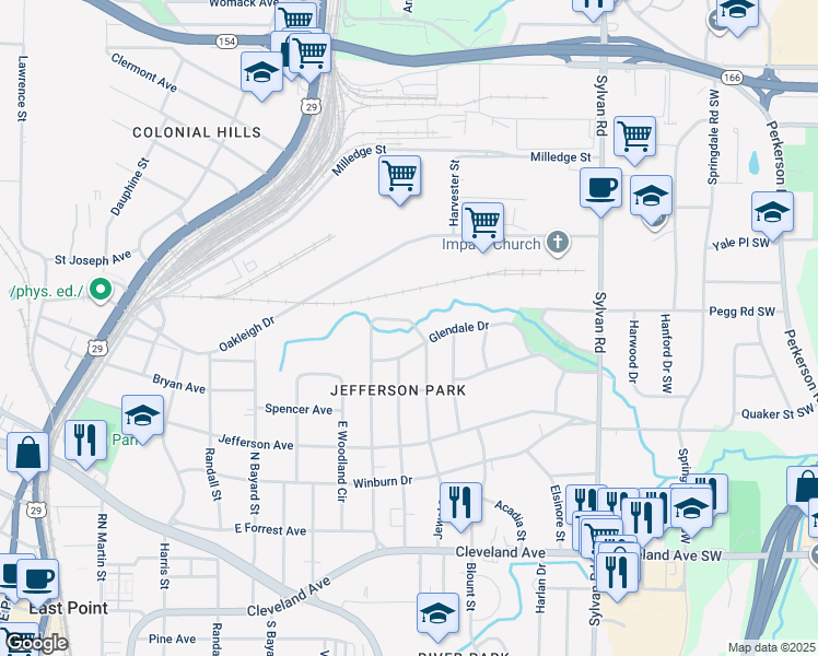 map of restaurants, bars, coffee shops, grocery stores, and more near 2350 Jefferson Terrace in East Point