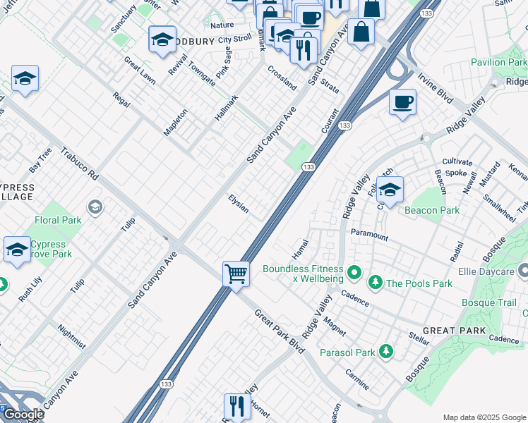map of restaurants, bars, coffee shops, grocery stores, and more near 100 Blaze in Irvine