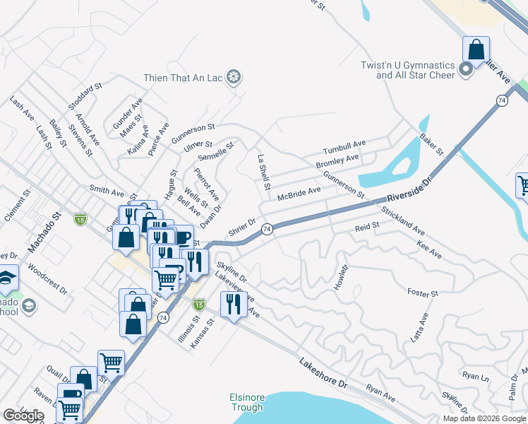 map of restaurants, bars, coffee shops, grocery stores, and more near Shrier Drive in Lake Elsinore