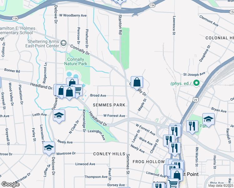 map of restaurants, bars, coffee shops, grocery stores, and more near 1849 Broad Avenue in East Point