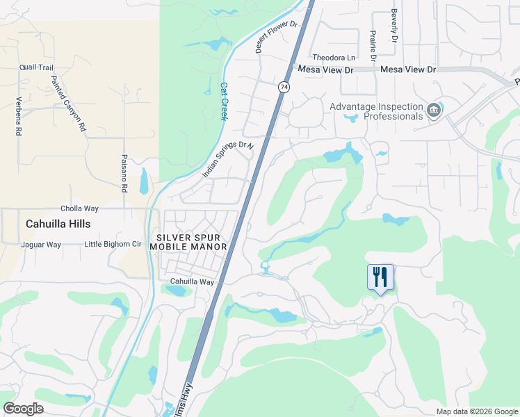 map of restaurants, bars, coffee shops, grocery stores, and more near 952 Andreas Canyon Drive in Palm Desert