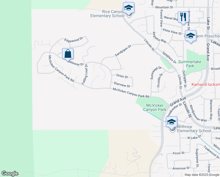 map of restaurants, bars, coffee shops, grocery stores, and more near McVicker Canyon Park Road in Lake Elsinore