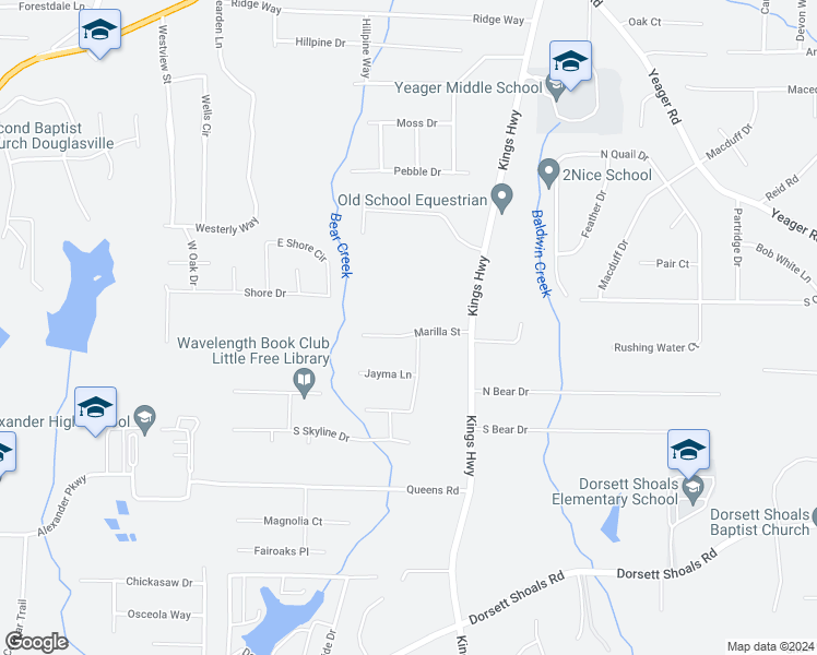 map of restaurants, bars, coffee shops, grocery stores, and more near 6165 Marilla Street in Douglasville