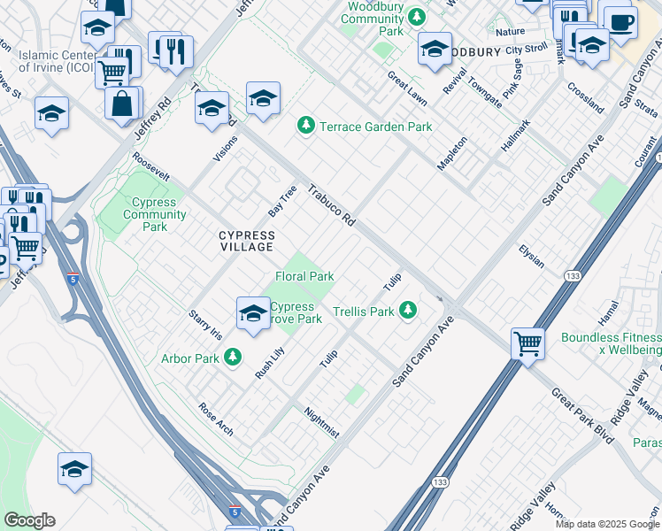 map of restaurants, bars, coffee shops, grocery stores, and more near 52 Acorn Glen in Irvine