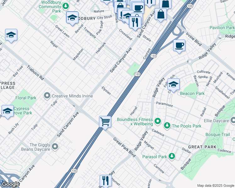 map of restaurants, bars, coffee shops, grocery stores, and more near 100 Blaze in Irvine