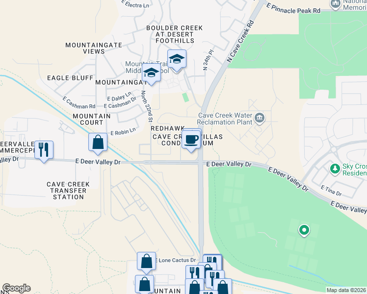map of restaurants, bars, coffee shops, grocery stores, and more near 22202 North Cave Creek Road in Phoenix