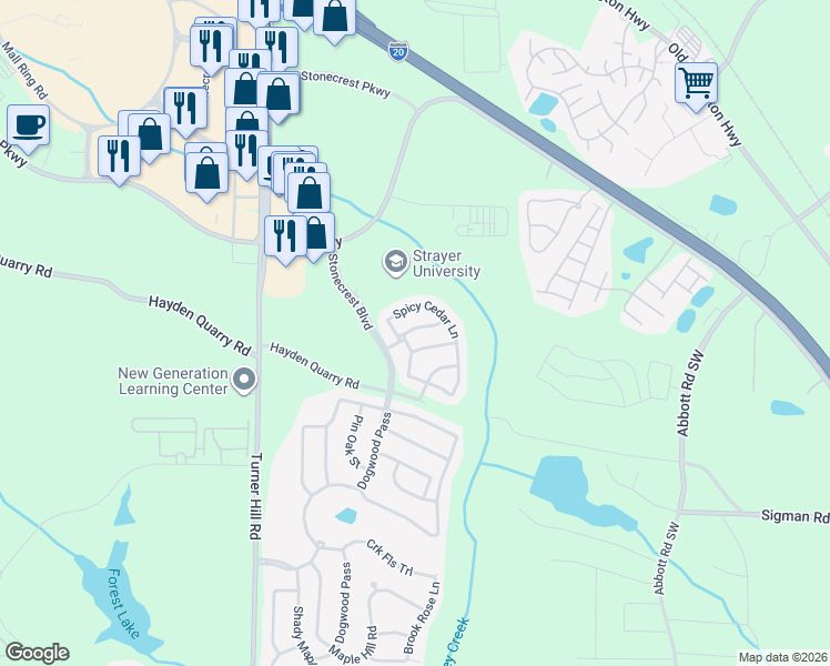 map of restaurants, bars, coffee shops, grocery stores, and more near 7536 Roseberry Way in Stonecrest