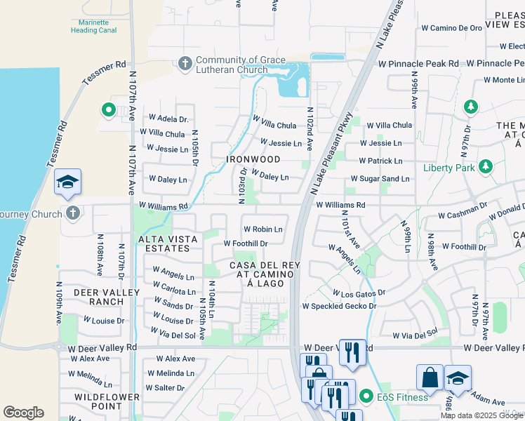 map of restaurants, bars, coffee shops, grocery stores, and more near 10377 West Cashman Drive in Peoria