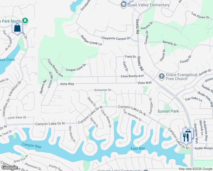 map of restaurants, bars, coffee shops, grocery stores, and more near 23589 Vista Way in Canyon Lake