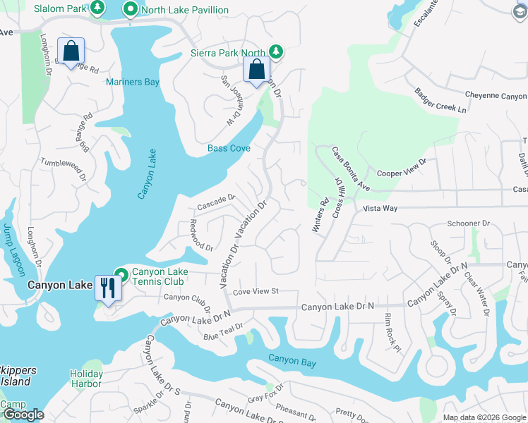 map of restaurants, bars, coffee shops, grocery stores, and more near 29698 Vacation Drive in Canyon Lake