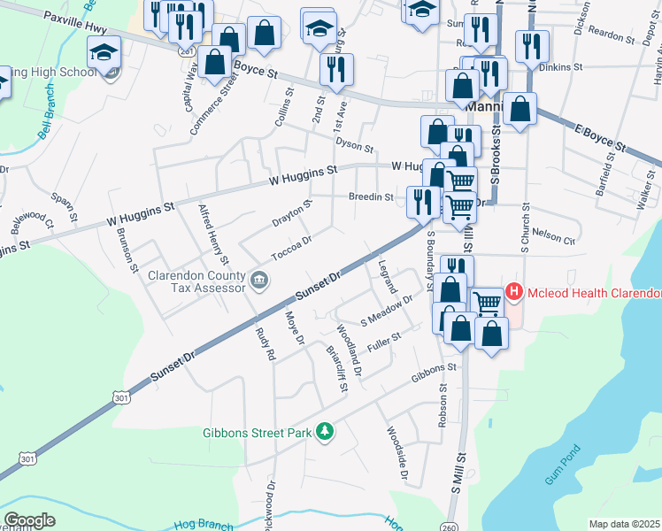 map of restaurants, bars, coffee shops, grocery stores, and more near 317 Sunset Drive in Manning