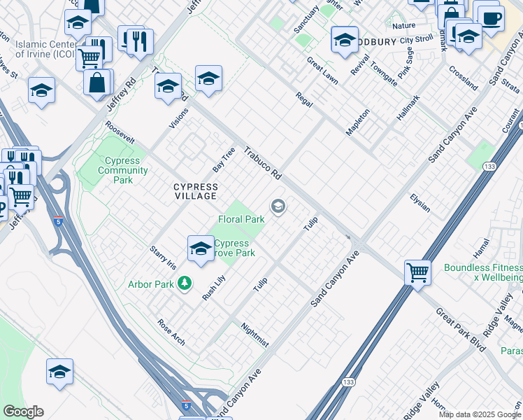 map of restaurants, bars, coffee shops, grocery stores, and more near 52 Acorn Glen in Irvine