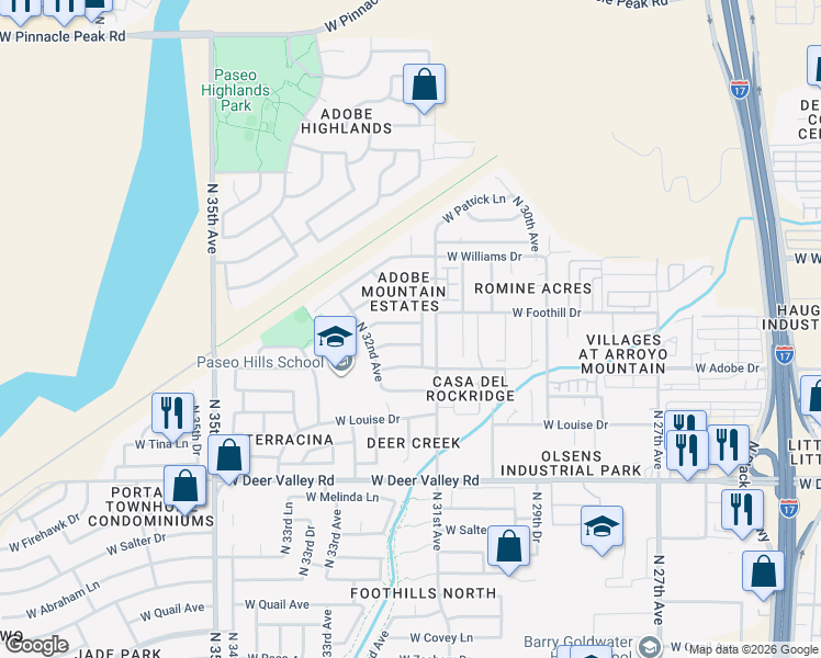 map of restaurants, bars, coffee shops, grocery stores, and more near 3123 West Foothill Drive in Phoenix