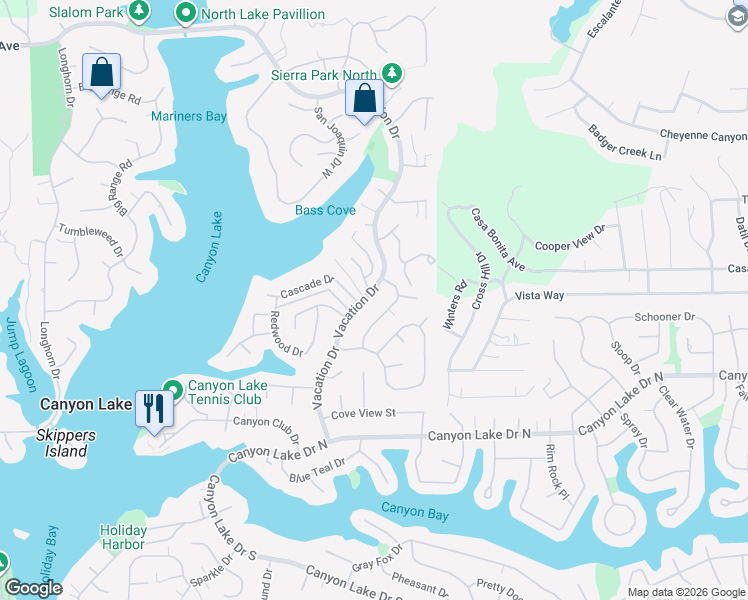 map of restaurants, bars, coffee shops, grocery stores, and more near 29698 Vacation Drive in Canyon Lake